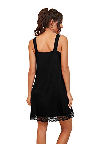 Prinstory Women's Loose Full Slips Lace Nightgown Chemise Sleepwear Cotton Jersey Nightdress Us Large Black #TOP5