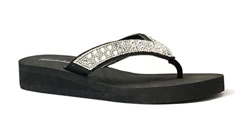 REDVOLUTION New Women's Rhinestone Sandals High | Low Platform T-Strap Jewel Sandals High Wedge Flip Flops - Main Image