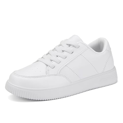 YAVY White Kids Tennis Shoes for Boys Girls Leather wear Athletic Fashion Sneakers Running Shoes Big Kid Size 4 M US