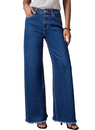 Astylish Womens Pull On Jeans High Waisted Wide Leg Denim Pants,Bluing,4