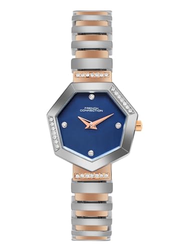 Image of French Connection Mop Blue Hexagonal Dial with Rose Two Tone Stainless Steel Strap Watch for Womens - FCN0139RTM
