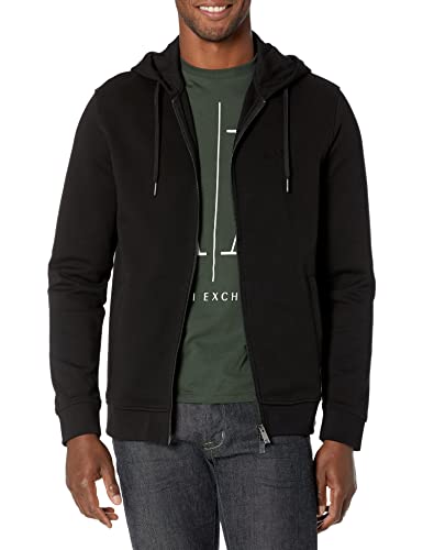 A|X ARMANI EXCHANGE mens Drawstring Shiny Studs Logo Zip-up Hoodie Sweatshirt, Black, Large US