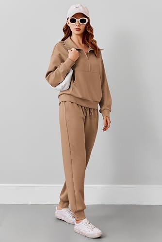 Image of PINSPARK 2 Piece Sets for Women Long Sleeve Half Zip Tracksuit Jogger Sets | 2026 Fall Travel Outfits Lounge Set, Lightweight Soft Air Layer Fabric, Kangaroo Pocket Sweatshirt, Drawstring Joggers Pants