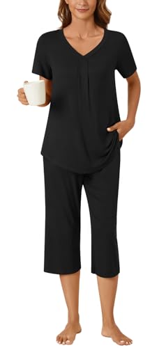 Image of Bestbee Women's Pajama Sets 2 Piece Lounge Outfits Summer Sleepwear V Neck Short Sleeve Capri Pant With Pockets Ladies Pjs
