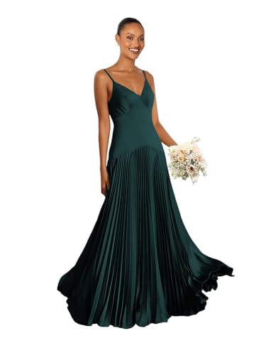Noras V Neck Bridesmaid Dresses Spaghetti Strap Pleated Maxi Formal Evening Gown NO309
