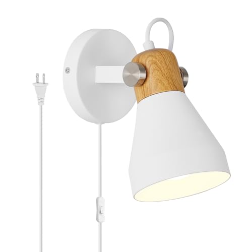 Image of Modern Plug-in Wall Sconces, Matte White | Adjustable Reading Light, Natural Wood Accent, For Bedroom, Living Room, Home Office