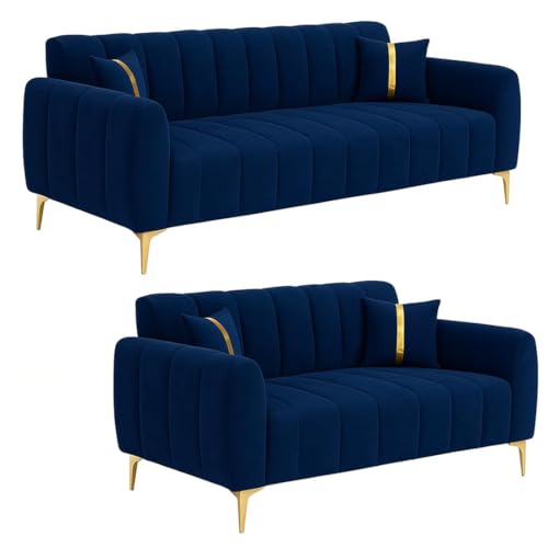 Image of FURNY Harmony 5 Seater Fabric 3+2 Sofa Set (Blue) with Premium Velvet & Golden Finish Legs | Durable & Comfortable | Ideal for Living Room