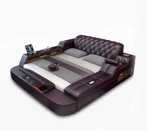 Multifunctional Smart Bed, Genuine Leather, Tufted Upholstered Pl...