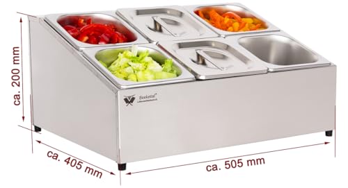 Beeketal 'BGN6-Duo' Edelstahl GN Aufsatzboard für 6 Gastronorm Behälter (zweireihig), Gastro Zutatenbehälter inkl. 6 Stück (GN) 1/6 Behälter mit Deckel, abgeschrägtes Gestell mit Anti-Rutsch Füßen – Bild 3