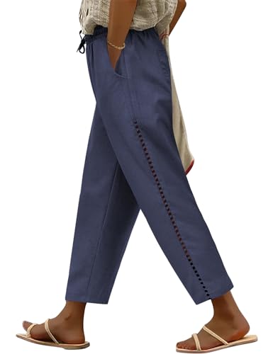 CMTOP Pantaloni Donna Estivi Pantalone Lino Leggeri Larghi con Tasche Pantaloni di Svago Pantaloni Casual da Spiaggia S Navy