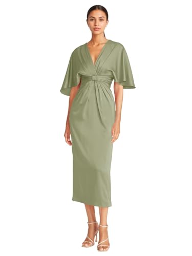 Satin V Neck Mother of The Groom Dresses for Women Tea Length Ruched Waist Formal Dress