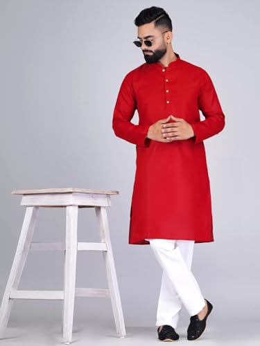 Image of Pinkmint Kurta for Men Cotton Mandarin Collar Long Sleeve Soild Traditional Kurta Festival Kurta