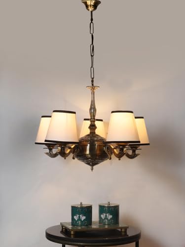 Image of Devansh 05 Lights White & Black conical Cotton Shade with Antique Golden Chandelier