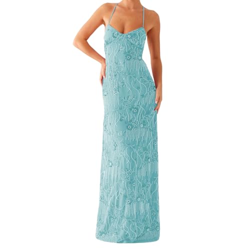 Women Y2k Sequin Bodycon Maxi Dress V Neck Backless Flower Embroidery Long Dresses Elegant Party Cocktail Cami Dress