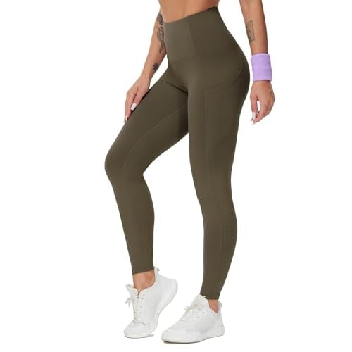 THE GYM PEOPLE Thick High Waist Yoga Pants with Pockets, Tummy Control Workout Running Yoga Leggings for Women Small Charcoal Brown