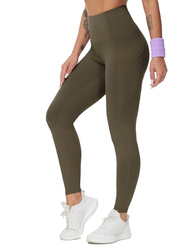 Image of THE GYM PEOPLE Thick High Waist Yoga Pants with Pockets, Tummy Control Workout Running Yoga Leggings for Women
