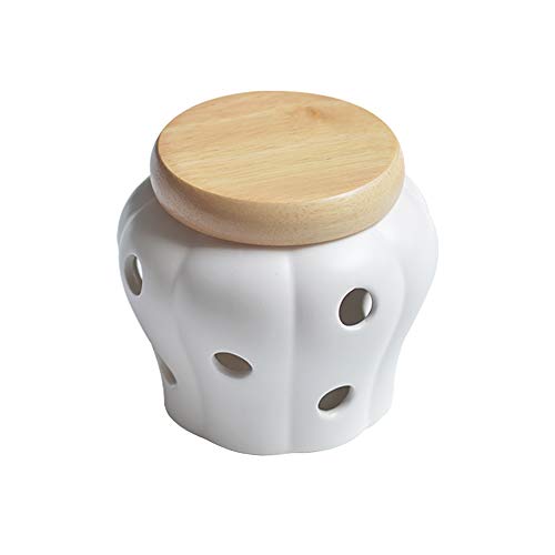 Sizikato White Matte Ceramic Garlic Keeper Ginger Holder with Bamboo Lid.