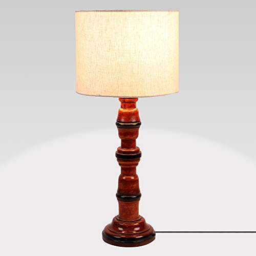 Image of tu casa Off White Cotton Flex Shade with Brown Mango Wood Base Table Lamp | Elegant Bedside & Desk Lamp for Bedroom, Living Room, Office, Home Decor & Gifting (Height : 21 Inch /No Blub Included)