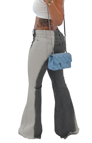 Conshvi Two Tone Bell Bottom Jeans for Women Stretchy Hem Raw Mid Rise Distressed Wide Leg Flared Denim Pants