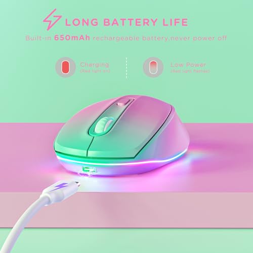seenda Wireless Mouse, Rechargeable Light Up Mouse for Laptop, Small Cordless Mice with Quiet Click LED Rainbow Lights for PC Computer Kids Chromebook Windows Mac, Gradient Pink
