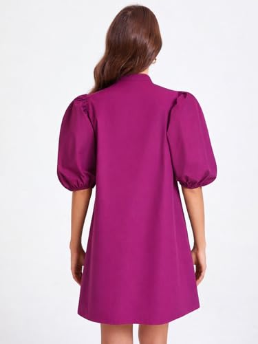 Image of EZAPINE Women Babydoll Mini Dress Summer Casual Cotton V Neck Puff Lantern Sleeve Loose A Line Cute Dress
