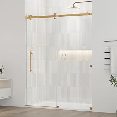DELAVIN 56-60.in W x 75.in H Frameless Shower Door, Water Repellent Gold Shower Door with 5/16" (8mm) Clear Tempered Glass, Easy Sliding Showe Door with Explosion-Proof Film, Stainless Steel