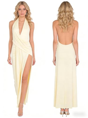 Image of ANKOMINA Women's Sexy V Neck Halter Backless Maxi Dress Ruched High Split Long Bodycon Dresses for Party Cocktail Evening