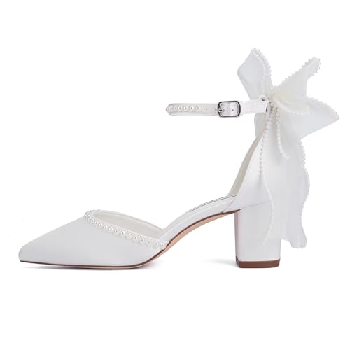 Image of Block Heel Wedding Shoes for Bride Closed Toe Wedding Heels with Bow Pearl Bridal Shoes