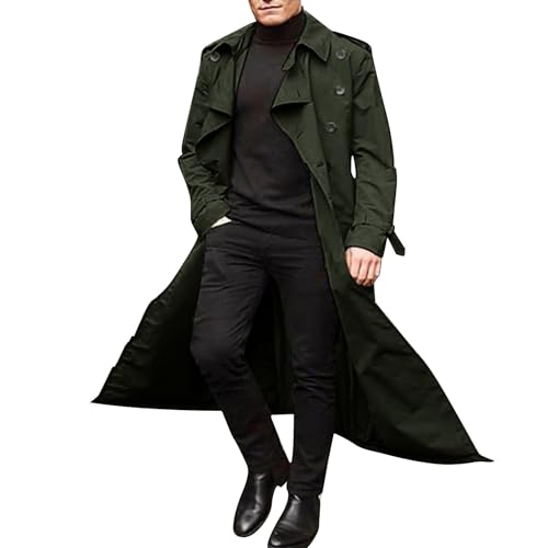 Trench Coat Men Tunic Winter Slim Fit Long Double Breasted Soft Elegant Lapel Belted Overcoat with Pocket