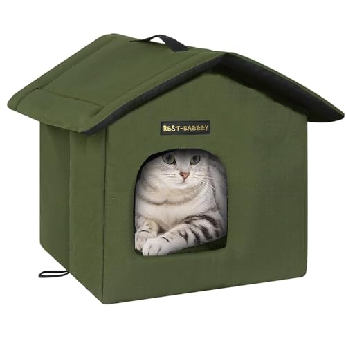 Rest-Eazzzy Cat House for Outdoor Cats, Weatherproof and Insulated Feral Cat House with Mat and Clip, Easy to Put Together, Selfwarming Cat Shelter for Summer(Olive Green, Canopy House X 1)