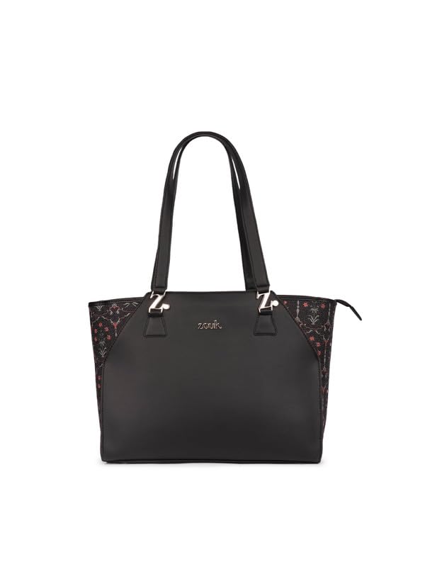 Image of ZOUK Printed Jute Handcrafted Vegan Leather Black Women's Check-point Friendly Classic Business Bag