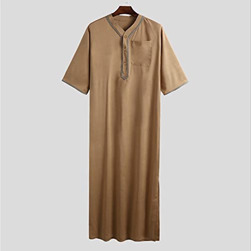 Men's Muslim Clothes Durable Kaftan Robe Dubai Long Gown Ethnic Clothes,1pc Soft Robe Collar Stand Embroidered Robe3