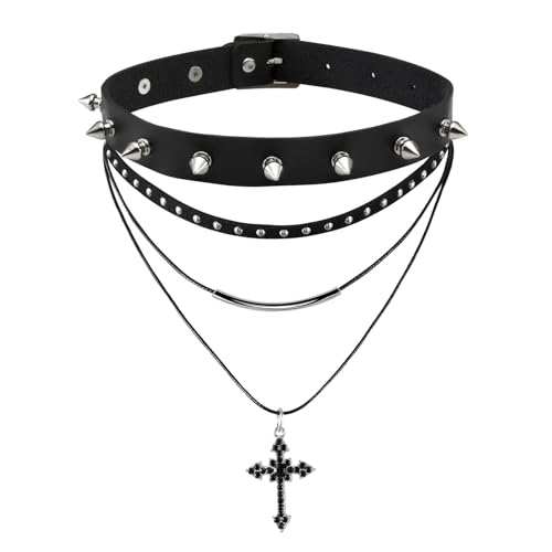 MILAKOO PU Nieten Choker mit Dreifachem Halsketten Set Punk Gothic Choker mit Schwarzem Kreuz Anhänger