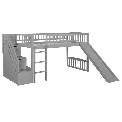 Wekuku Stairway Twin Size Loft Bed with Two Drawers Slide, Gray Space Saving Kids Bedroom with Storage Fun Play Feature (Old SKU: Lt000515aae)