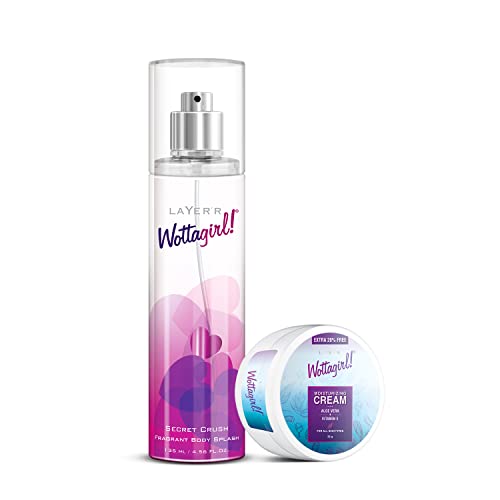 Layer'r Wottagirl Secret Crush Body Splash for women 135ml with Wottagirl Moisturizing Cream For all Skin Types 50gm