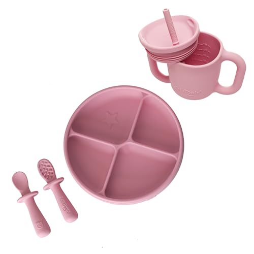 TalkTools ITSY Baby Utensil Set – Silicone Training Cup, Plate and Twin Spoon Pack for Toddlers| Infant First Food Self Feeding Silicone Training Set (Bubblegum)