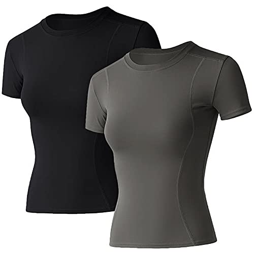 Image of Loovoo Women Workout Shirts, 1 /2 /3 Pack Short Sleeve Compression Tee | Tight Fit Gym Basic Tops, Athletic Quick Dry Crew Neck 4-Way Stretch, Flat Seams Ideal for Yoga, Gym, Running and Daily Wear