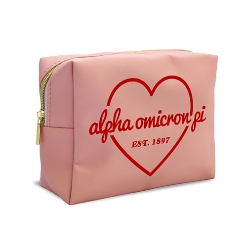 Sorority Shop Alpha Omicron Pi Makeup Bag - Multi-Purpose PU Leather, Water-Resistant Makeup travel bag with Licensed Design and Zipper Closure, Perfect Alpha Omicron Pi Sorority Gifts for Women