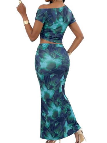 Image of BARASA Two Piece Sets For Women Summer Vacation Sexy Bodycon Outfits DS75 | Elegant Asymmetrical One Shoulder Crop Top And Ruched High Waist Long Maxi Skirt Set For Women Summer Vacation