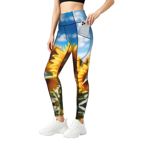 Pantalones de yoga de cintura alta con estampado de girasoles y bolsillos laterales