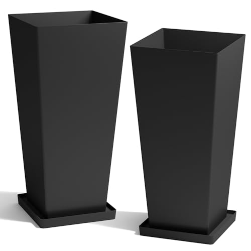 WORTH Garden Large 28 in.Tall Planters Set of 2 for Indoor and Outdoor, Heavy Duty Plastic Black Modern Taper Flower Plant Pots with Drainage Hole and Dual-Purpose Tray for Front Porch, Patio