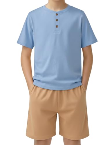 Image of Arshiner Boy's Textured Button Up Shirt and Shorts Set 2 Piece Summer Beach Outfit for 5~12 Years Kids