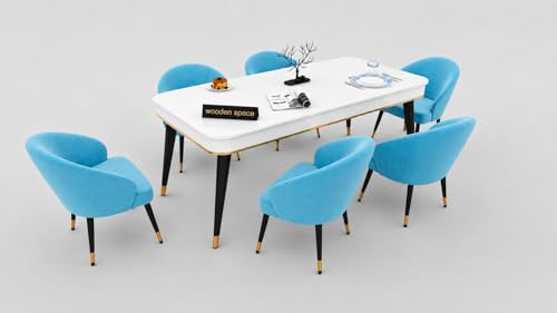 Image of WOODEN SPACE 6-Seater Wooden Dining Table Set | Nano Composite Marble Top | Solid Wood Base | Modern Dining Room Furniture with 6 Chairs (Modern Classic Sky Blue)