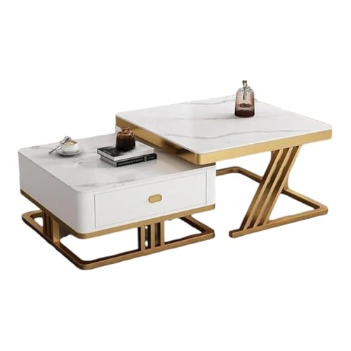 Image of EXPRESSOW Modern Nesting Coffee Table Set, Marble Finish, Storage Drawer, Tipai Table for Living Room Metal Frame, Set of 2 (Gold White)