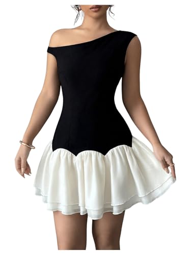 Image of Verdusa Women's Color Block Ruffle Off Shoulder Dress Drop Waist Layered Mesh Mini Dress