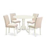 East West Furniture DLAB5-LWH-02 5 Piece Dining Room Table Set Includes a Round Kitchen Table with Dropleaf and 4 Light Beige Linen Fabric Parson Dining Chairs, 42x42 Inch, Linen White