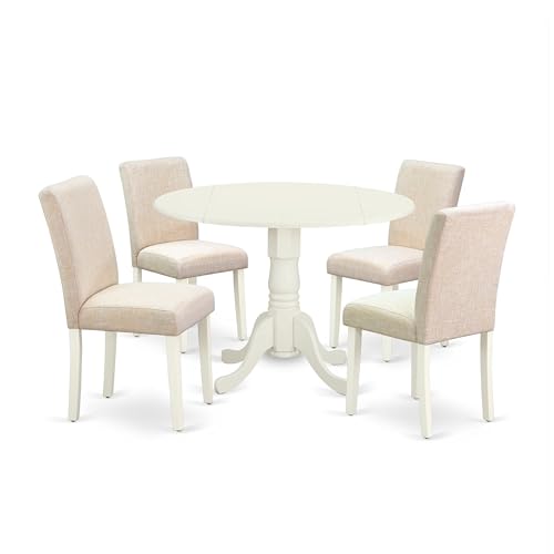 East West Furniture DLAB5-LWH-02 5 Piece Dining Room Table Set Includes a Round Kitchen Table with Dropleaf and 4 Light Beige Linen Fabric Parson Dining Chairs, 42x42 Inch, Linen White