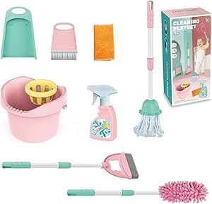 cleaning set for kids housework Supplies Kit With Dustpan, Broom, Bucket, Mop 8 Pcs kids cleaning set for Boys & Girls with adjustable handle cleaning supplies, Pink
