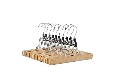 Amazon Basics Sturdy Wooden Pants Hangers for Closet Organization, Natural, 10-Pack