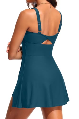Image of One Piece Swimdress Tummy Control Swimsuit Modest Bathing Suit with Shorts | Elegant V neck swim dress, Flowy A-line design with skirt, Built-in boy shorts with side pocket, Removable padded cups